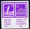Cinderella - Germany - West Berlin 1971 Rouletted 20p purple (Airlift Monument & Brandenburg Gate Stamps) produced for use during Great Britain Postal strike unmounted mint