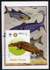Somalia 2005 Dinosaurs #03 - Peltobatrachus imperf m/sheet with Scout & Rotary Logos, background shows various Fish unmounted mint