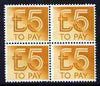 Great Britain 1982 Postage Due £5 orange block of 4 unused without gum SG D101