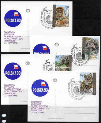 Postmark - Israel 1992 Zoo Animals set of 4 with tabs each on separate card for Polska '93 with special Exhibition cancellation, only a few sets were so produced, as SG 1177-80