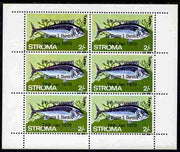 Stroma 1970 Fish 2s (Tunny) opt'd '5th Anniversary of Death of Sir Winston Churchill' complete perf sheetlet of 6 values with superb overprint set-off on gummed side unmounted mint
