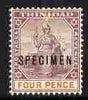 Trinidad 1896-1906 Btitannia 4d Crown CA overprinted SPECIMEN fresh with gum SG 118s (only about 750 produced)
