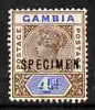 Gambia 1898-1902 QV Key Plate 4d Crown CA overprinted SPECIMEN fresh with gum SG 42s (only about 750 produced)