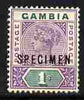 Gambia 1898-1902 QV Key Plate 1s Crown CA overprinted SPECIMEN fresh with gum SG 44s (only about 750 produced)
