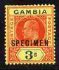 Gambia 1902-05 KE7 Crown CA 3s overprinted SPECIMEN fresh with gum SG 56s (only about 750 produced)