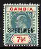 Gambia 1904-06 KE7 MCA 7.5d overprinted SPECIMEN fresh with gum SG 65s (only about 750 produced)