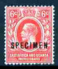 Kenya, Uganda & Tanganyika 1921-22 KG5 6c Script CA overprinted SPECIMEN fresh with gum SG 67s (only about 400 produced)