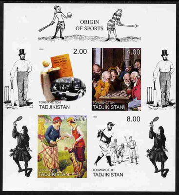 Tadjikistan 1999 Origin Of Sports imperf sheetlet containing set of 4 (Chess, Table Tennis, Golf & Baseball with Cricket in margins) unmounted mint