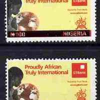 Nigeria 2010 Guaranty Trust Bank N100 with black printing misplaced to left resulting in Country name & value appearing partly in red together with normal, both unmounted mint but some offset on reverse