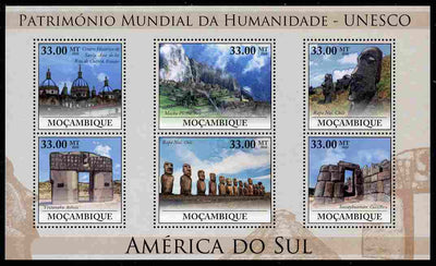Mozambique 2010 UNESCO World Heritage Sites - South America #1 perf sheetlet containing 6 values unmounted mint, Yvert 3182-87