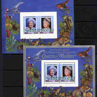St Vincent - Bequia 1985 Life & Times of HM Queen Mother m/sheet containing 2 x $3.50 stamps imperforate and with silver printing omitted, complete with normal both unmounted mint
