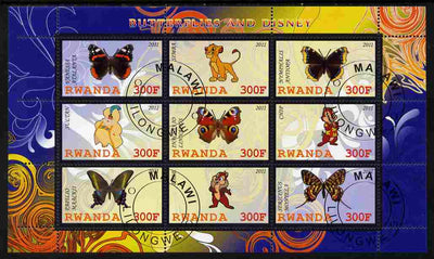 Rwanda 2011 Butterflies & Disney Characters #1 perf sheetlet containing 9 values fine cto used