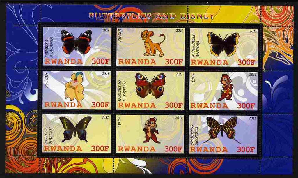 Rwanda 2011 Butterflies & Disney Characters #1 perf sheetlet containing 9 values unmounted mint