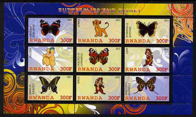 Rwanda 2011 Butterflies & Disney Characters #1 perf sheetlet containing 9 values unmounted mint