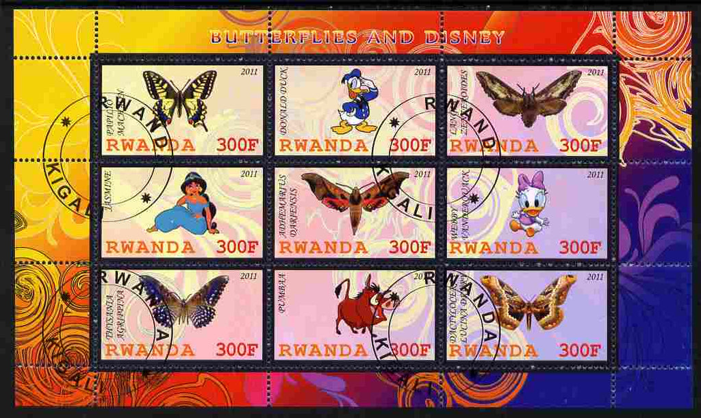Rwanda 2011 Butterflies & Disney Characters #2 perf sheetlet containing 9 values fine cto used