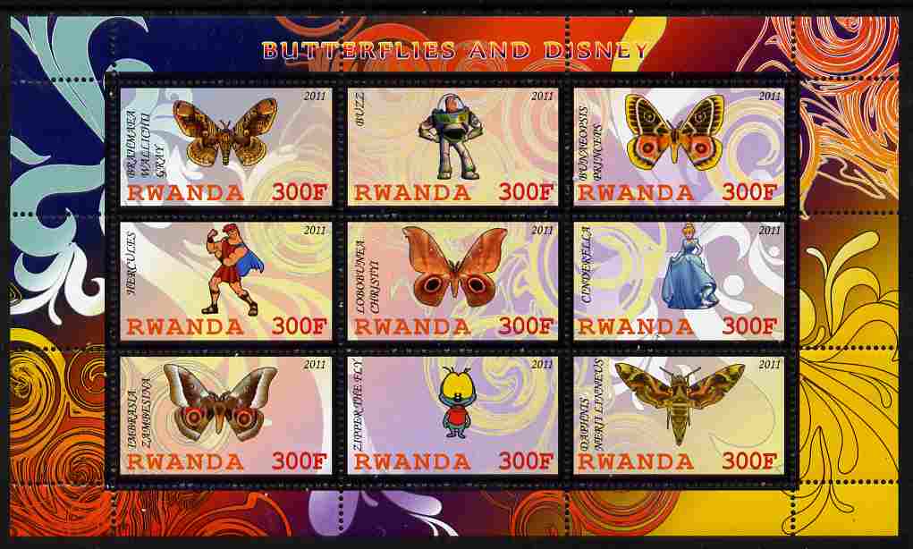 Rwanda 2011 Butterflies & Disney Characters #3 perf sheetlet containing 9 values unmounted mint