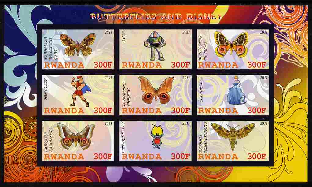 Rwanda 2011 Butterflies & Disney Characters #3 imperf sheetlet containing 9 values unmounted mint