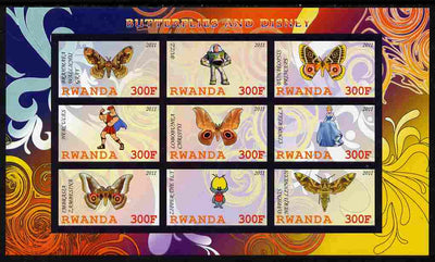 Rwanda 2011 Butterflies & Disney Characters #3 imperf sheetlet containing 9 values unmounted mint