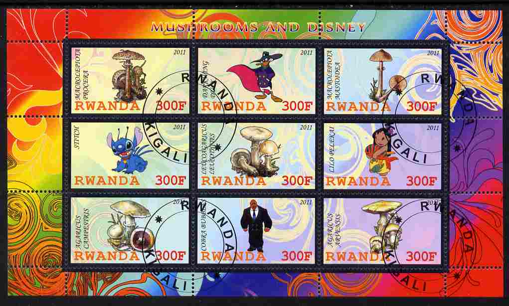 Rwanda 2011 Mushrooms & Disney Characters #1 perf sheetlet containing 9 values fine cto used