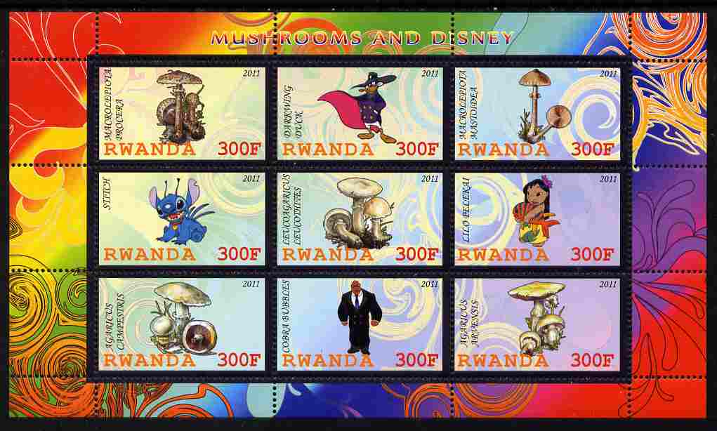 Rwanda 2011 Mushrooms & Disney Characters #1 perf sheetlet containing 9 values unmounted mint
