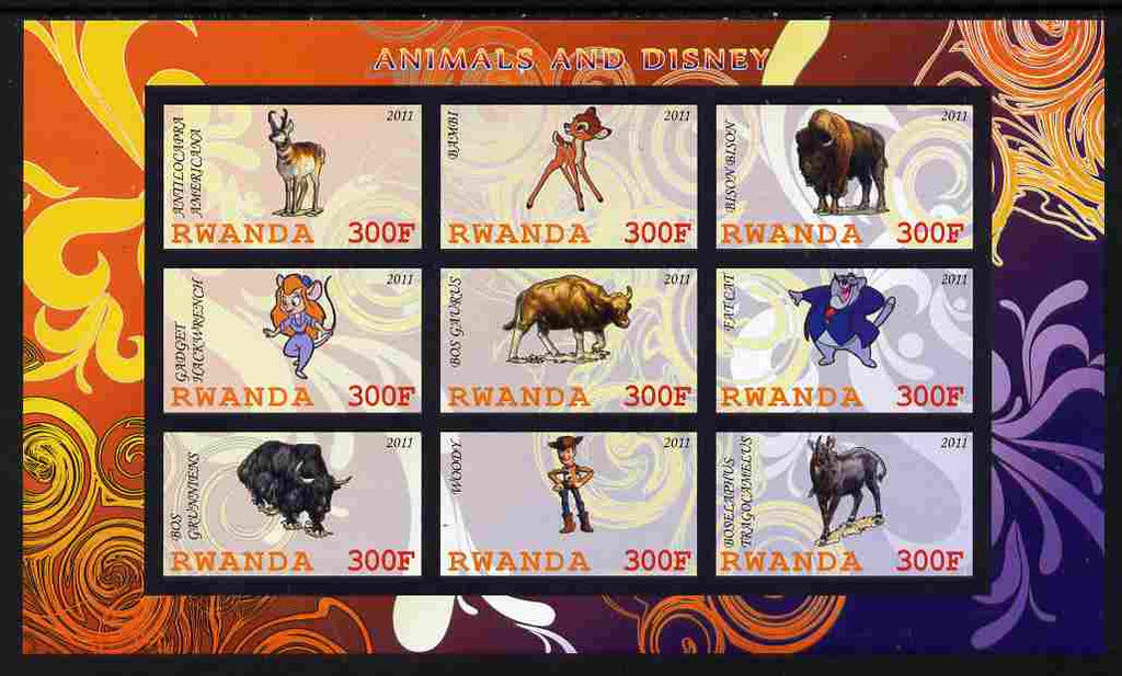 Rwanda 2011 Animals & Disney Characters #4 imperf sheetlet containing 9 values unmounted mint