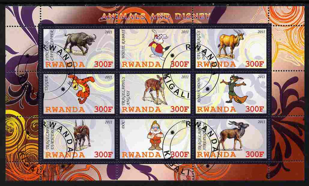 Rwanda 2011 Animals & Disney Characters #5 perf sheetlet containing 9 values fine cto used