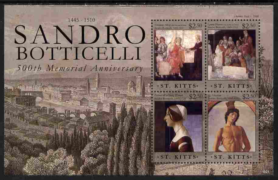 St Kitts 2010 500th Anniversary of Sandro Botticelli perf sheetlet containing 4 values unmounted mint