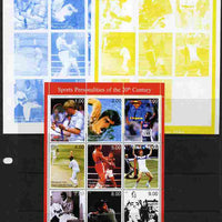 Tadjikistan 1999 Sports Personalities of the 20th Century sheetlet containing 9 values - imperf progressive proofs in blue & yellow colours only plus all 4-colour perf composite, unmounted mint