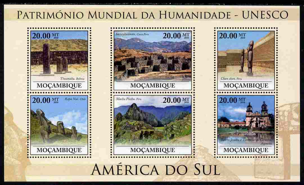 Mozambique 2010 UNESCO World Heritage Sites - South America #2 perf sheetlet containing 6 values unmounted mint, Yvert 3242-47