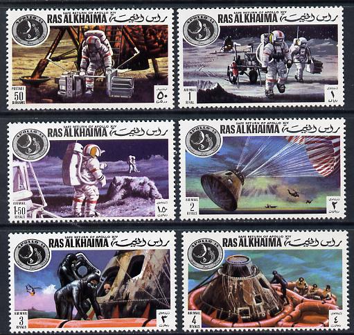 Ras Al Khaima 1972 Apollo 14 perf set of 6 - one stamp shows Alan Shepherd with Golf Club unmounted mint (Mi 709-13A)