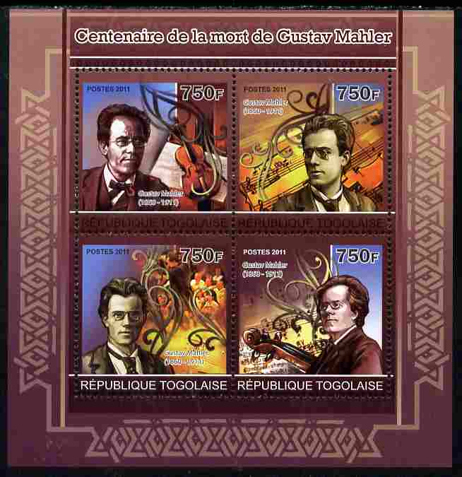 Togo 2011 Death Centenary of Gustav Mahler perf sheetlet containing 4 values unmounted mint