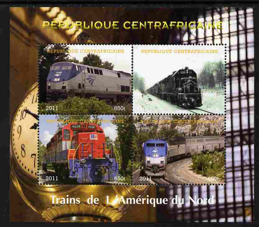 Central African Republic 2011 Railways - Trains of North America perf sheetlet containing 4 values unmounted mint. Note this item is privately produced and is offered purely on its thematic appeal, it has no postal validity