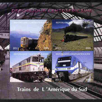 Central African Republic 2011 Railways - Trains of South America perf sheetlet containing 4 values unmounted mint. Note this item is privately produced and is offered purely on its thematic appeal