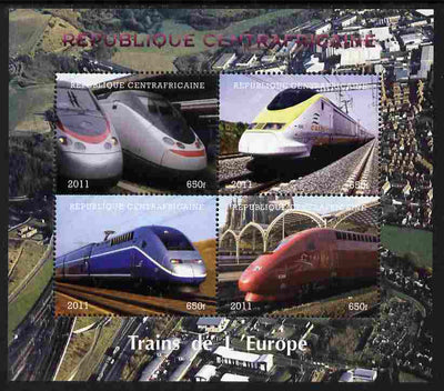 Central African Republic 2011 Railways - Trains of Europe perf sheetlet containing 4 values unmounted mint. Note this item is privately produced and is offered purely on its thematic appeal