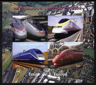 Central African Republic 2011 Railways - Trains of Europe imperf sheetlet containing 4 values unmounted mint. Note this item is privately produced and is offered purely on its thematic appeal