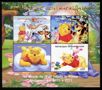 Central African Republic 2011 Winnie the Pooh perf sheetlet containing 4 values unmounted mint. Note this item is privately produced and is offered purely on its thematic appeal