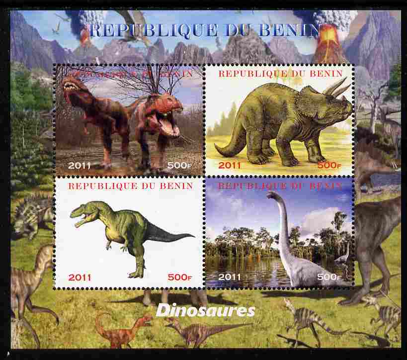 Benin 2011 Dinosaurs perf sheetlet containing 4 values unmounted mint. Note this item is privately produced and is offered purely on its thematic appeal