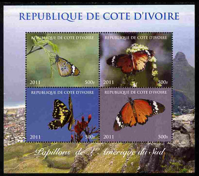 Ivory Coast 2011 Butterflies of South America perf sheetlet containing 4 values unmounted mint. Note this item is privately produced and is offered purely on its thematic appeal