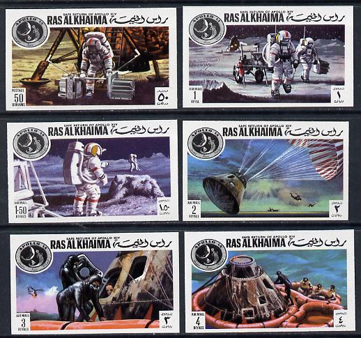 Ras Al Khaima 1972 Apollo 14 imperf set of 6 - one stamp shows Alan Shepherd with Golf Club (Mi 709-13B) unmounted mint