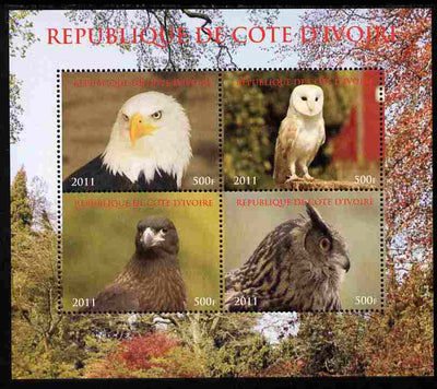 Ivory Coast 2011 Birds of Prey - Owls perf sheetlet containing 4 values unmounted mint. Note this item is privately produced and is offered purely on its thematic appeal