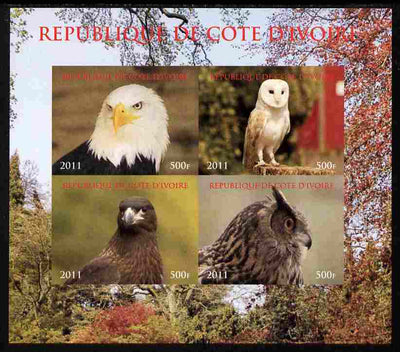 Ivory Coast 2011 Birds of Prey - Owls imperf sheetlet containing 4 values unmounted mint. Note this item is privately produced and is offered purely on its thematic appeal