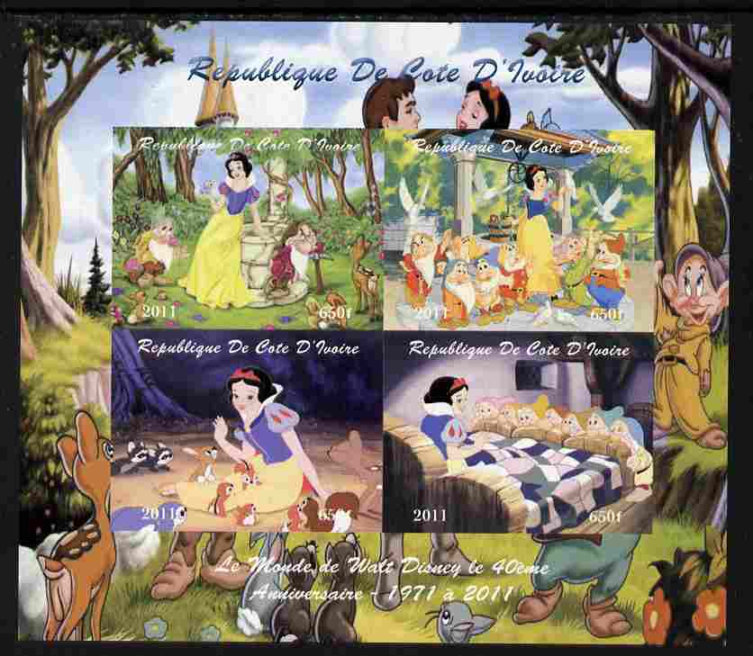 Ivory Coast 2011 The World of Walt Disney - Snow White imperf sheetlet containing 4 values unmounted mint. Note this item is privately produced and is offered purely on its thematic appeal