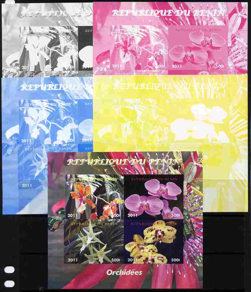 Benin 2011 Orchids sheetlet containing 4 values - the set of 5 imperf progressive proofs comprising the 4 individual colours plus all 4-colour composite, unmounted mint