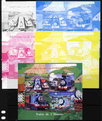 Central African Republic 2011 Thomas the Tank Engine sheetlet containing 4 values - the set of 5 imperf progressive proofs comprising the 4 individual colours plus all 4-colour composite, unmounted mint