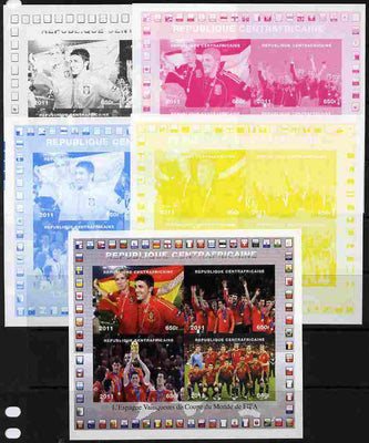 Central African Republic 2011 Football World Cup Winners - Spain sheetlet containing 4 values - the set of 5 imperf progressive proofs comprising the 4 individual colours plus all 4-colour composite, unmounted mint