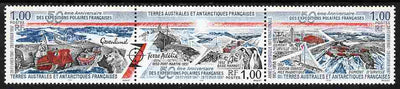 French Southern & Antarctic Territories 1997 50th Anniversary of First French Expedition se-tenant strip of 3 unmounted mint SG 374a