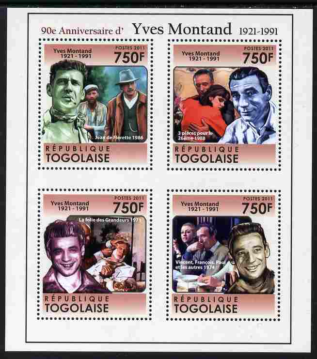 Togo 2011 90th Birth Anniversary of Yves Montand perf sheetlet containing 4 values unmounted mint
