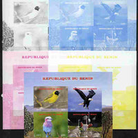 Benin 2011 Birds sheetlet containing 4 values- the set of 5 imperf progressive proofs comprising the 4 individual colours plus all 4-colour composite, unmounted mint