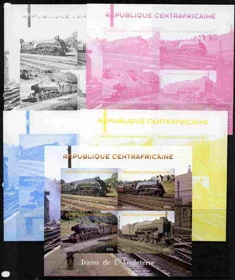Central African Republic 2011 Railways - Trains of England sheetlet containing 4 values - the set of 5 imperf progressive proofs comprising the 4 individual colours plus all 4-colour composite, unmounted mint
