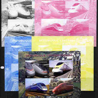 Central African Republic 2011 Railways - Trains of Europe sheetlet containing 4 values - the set of 5 imperf progressive proofs comprising the 4 individual colours plus all 4-colour composite, unmounted mint